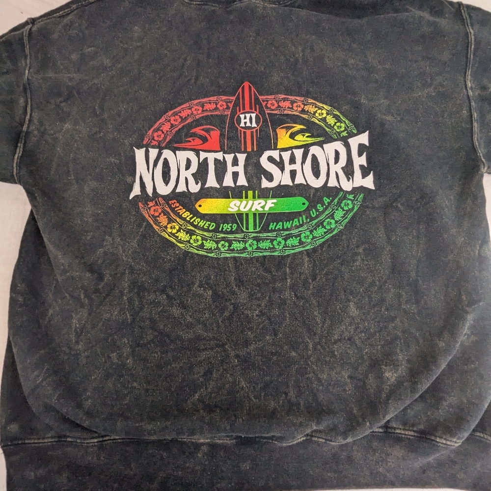 North Shore Hawaii Subtle Acid Wash Hoodie and Bold Colored Logo on Back Medium